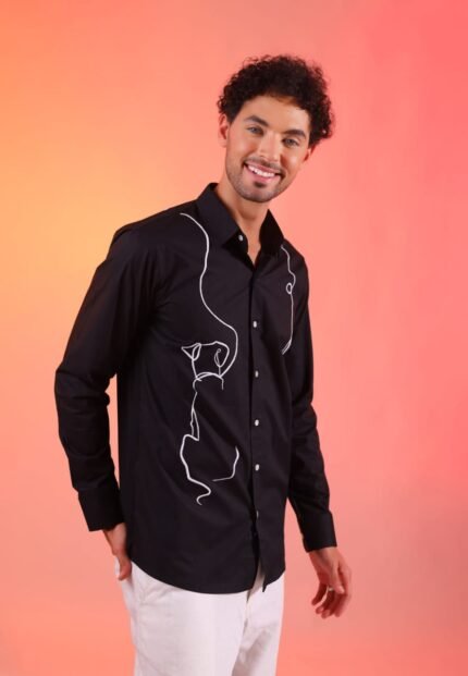Dog Line Art Printed Shirt – Black (Men)