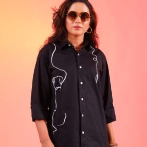 Dog Line Art Printed Shirt – Black (Women)