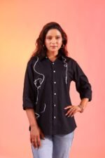 Dog Line Art Printed Shirt – Black (Women) - Image 2