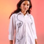 Dog Line Art Printed Shirt – White (Women)