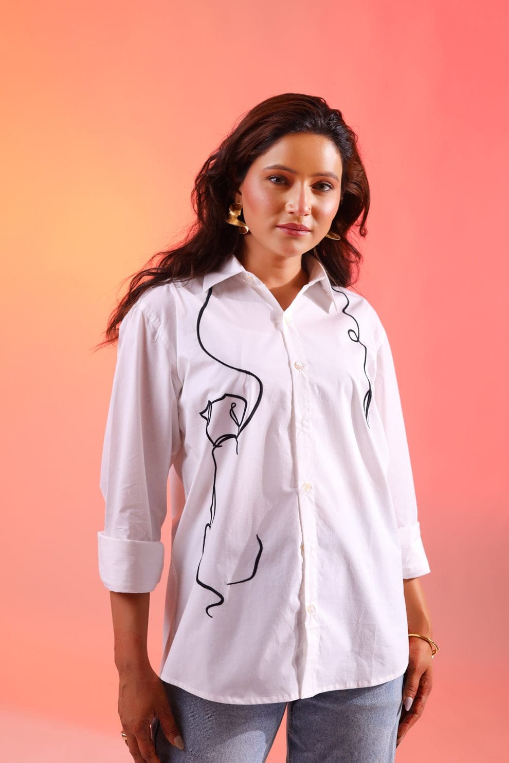 Dog Line Art Printed Shirt – White (Women)