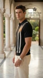 Black Stripe Retro Knit Polo - Image 4