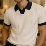 Ivory Navy Cable Knit Polo