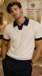 Ivory Navy Cable Knit Polo
