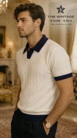 Ivory Navy Cable Knit Polo - Image 2