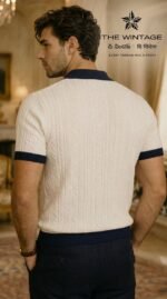 Ivory Navy Cable Knit Polo - Image 3