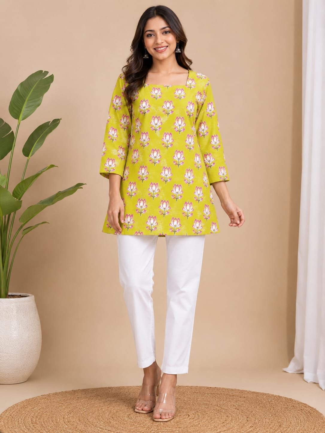 p02_lime_lotus_print_straight_kurti_01 Lime Lotus Print Straight Kurti