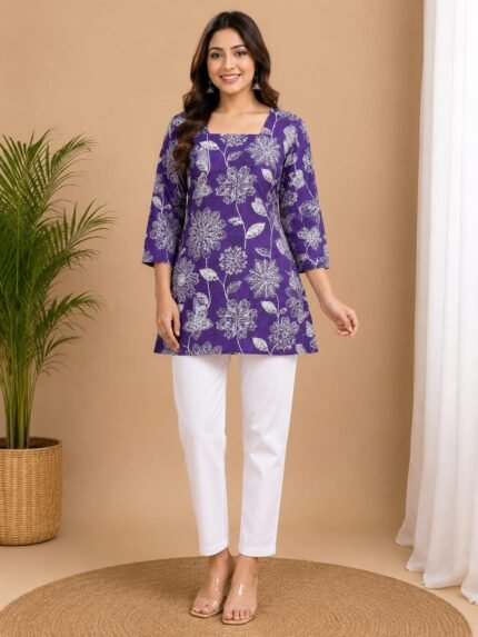 Purple Floral Print Straight Kurti