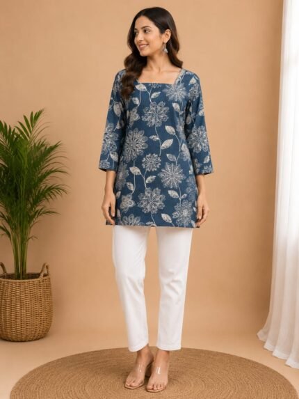 Steel Blue Floral Print Straight Kurti