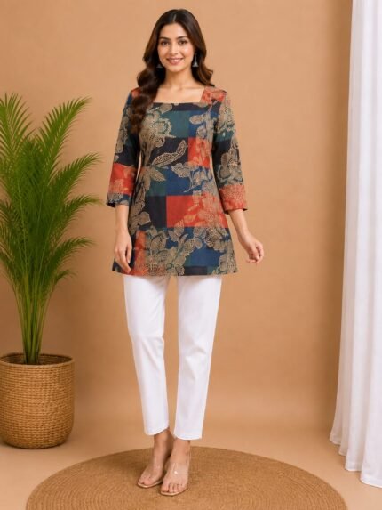 Multicolor Patch Floral Straight Kurti