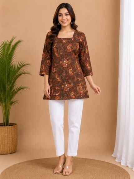 Rust Brown Floral Straight Kurti