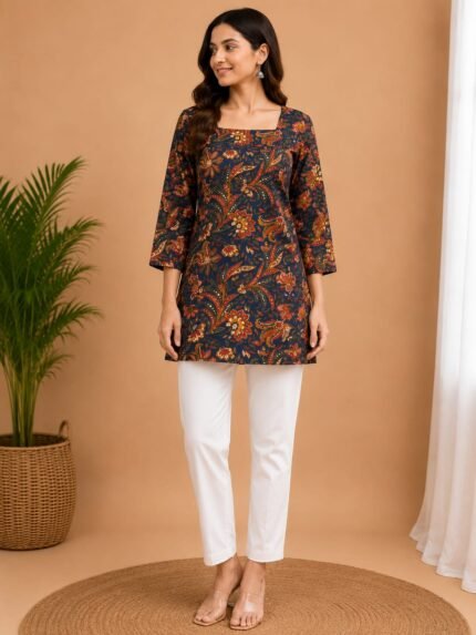 Navy Rust Vine Print Straight Kurti