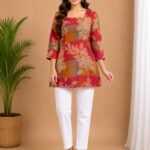 Rani Orange Patch Floral Straight Kurti