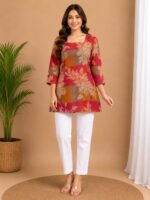 Rani Orange Patch Floral Straight Kurti