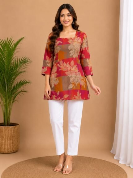 Rani Orange Patch Floral Straight Kurti