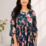 Navy Pink Floral Peplum Top