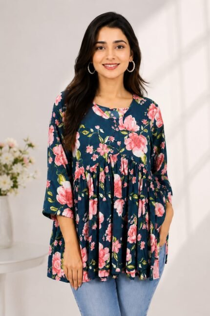 Navy Pink Floral Peplum Top