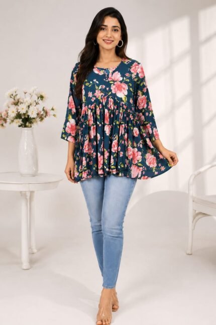 Navy Pink Floral Peplum Top — Additional view 1