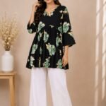 Black Green Floral Peplum Top