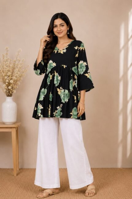 Black Green Floral Peplum Top