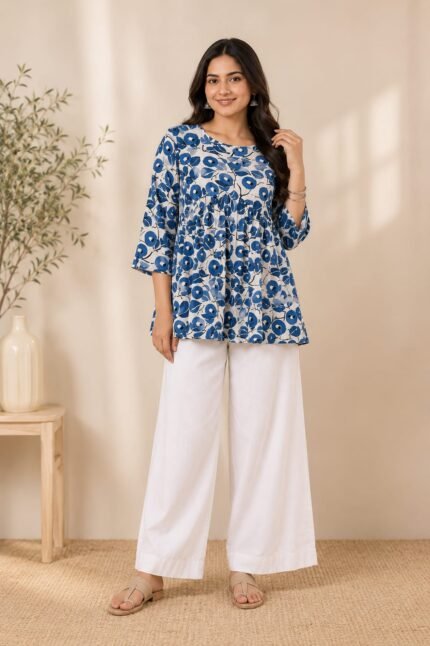 Blue White Floral Peplum Top