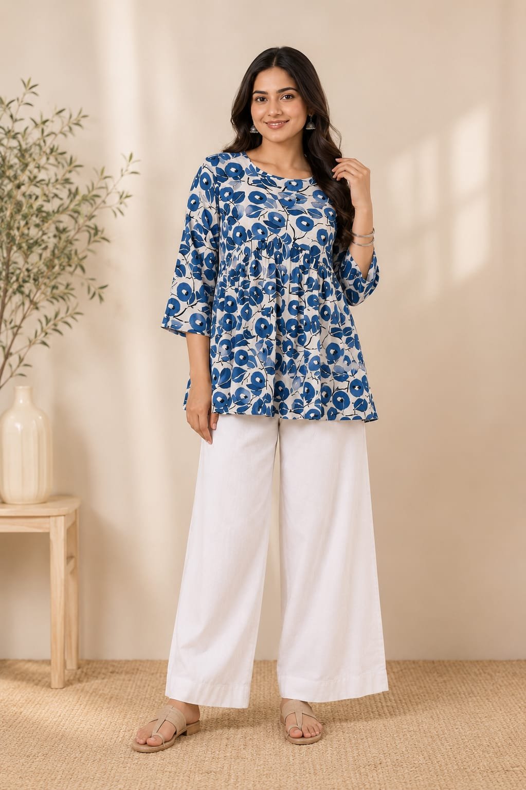 p14_blue_white_floral_peplum_top_01 Blue White Floral Peplum Top