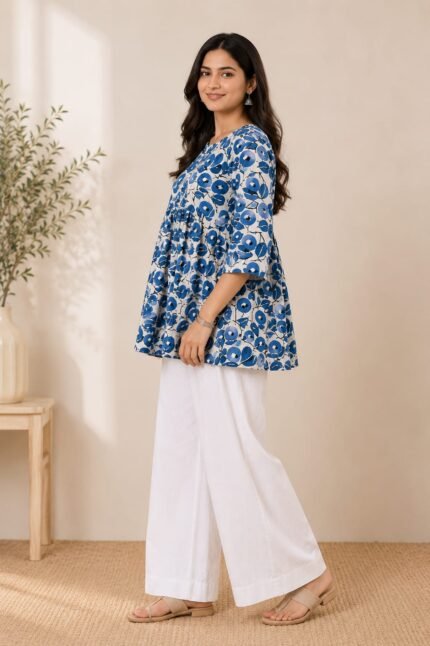 Blue White Floral Peplum Top — Additional view 1