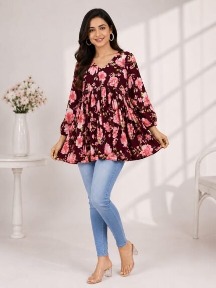 Wine Pink Floral Peplum Top