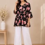 Black Pink Floral Peplum Top