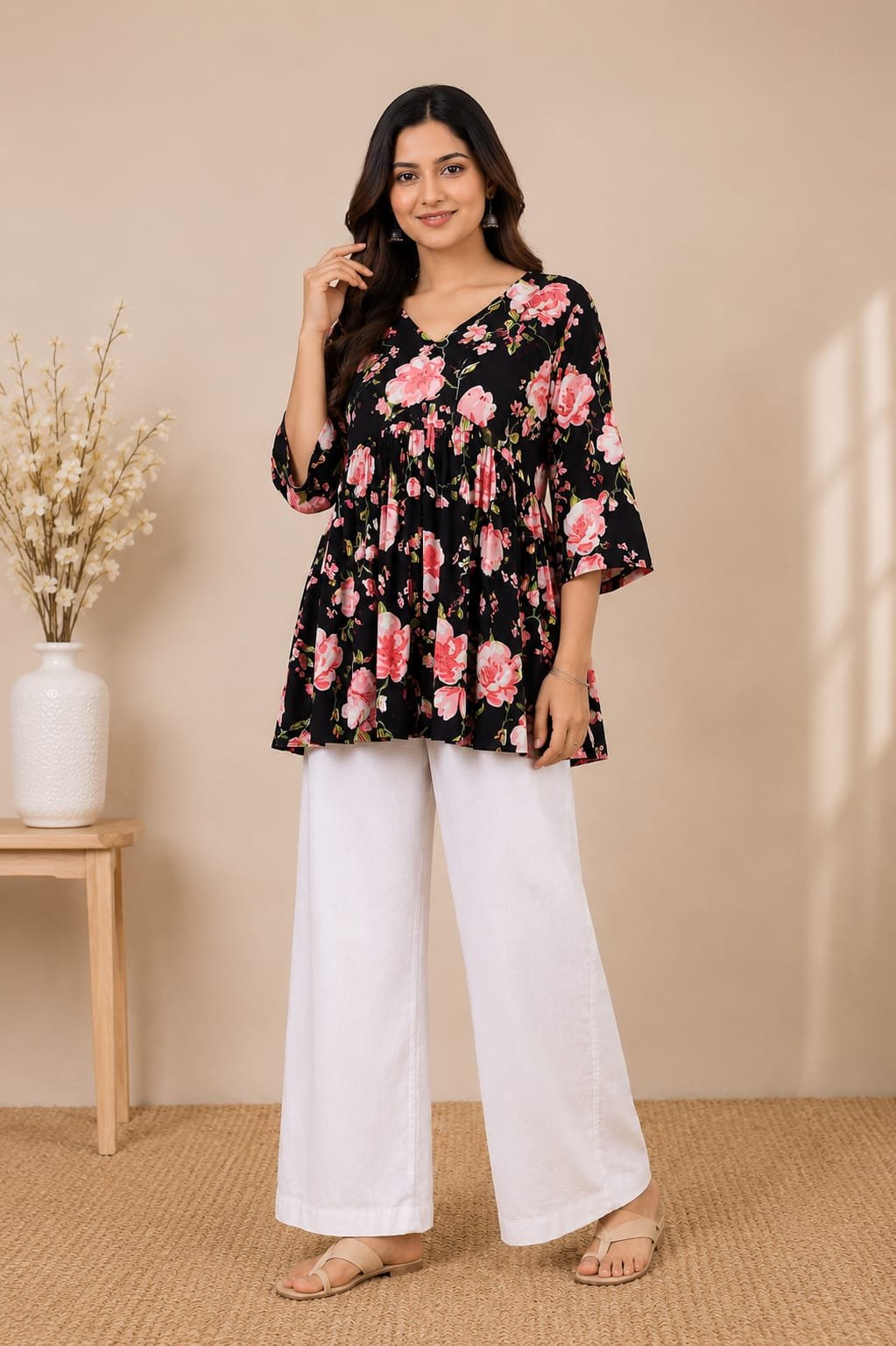 p16_black_pink_floral_peplum_top_01 Black Pink Floral Peplum Top