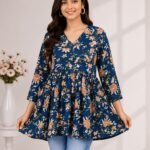 Navy Gold Floral Peplum Top