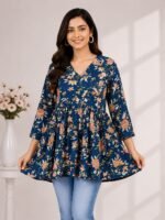Navy Gold Floral Peplum Top