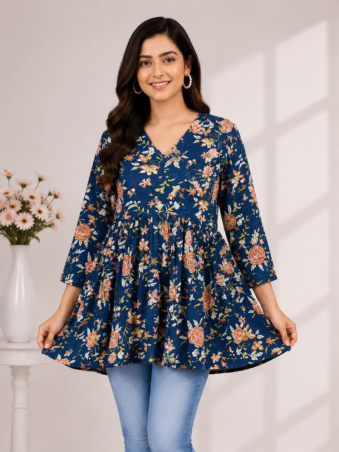 p17_navy_gold_floral_peplum_top_01 Navy Gold Floral Peplum Top