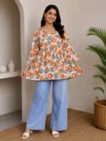 Ivory Orange Floral Peplum Top