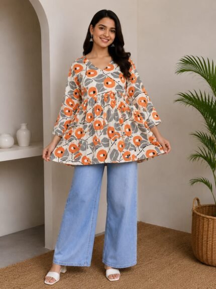 Ivory Orange Floral Peplum Top