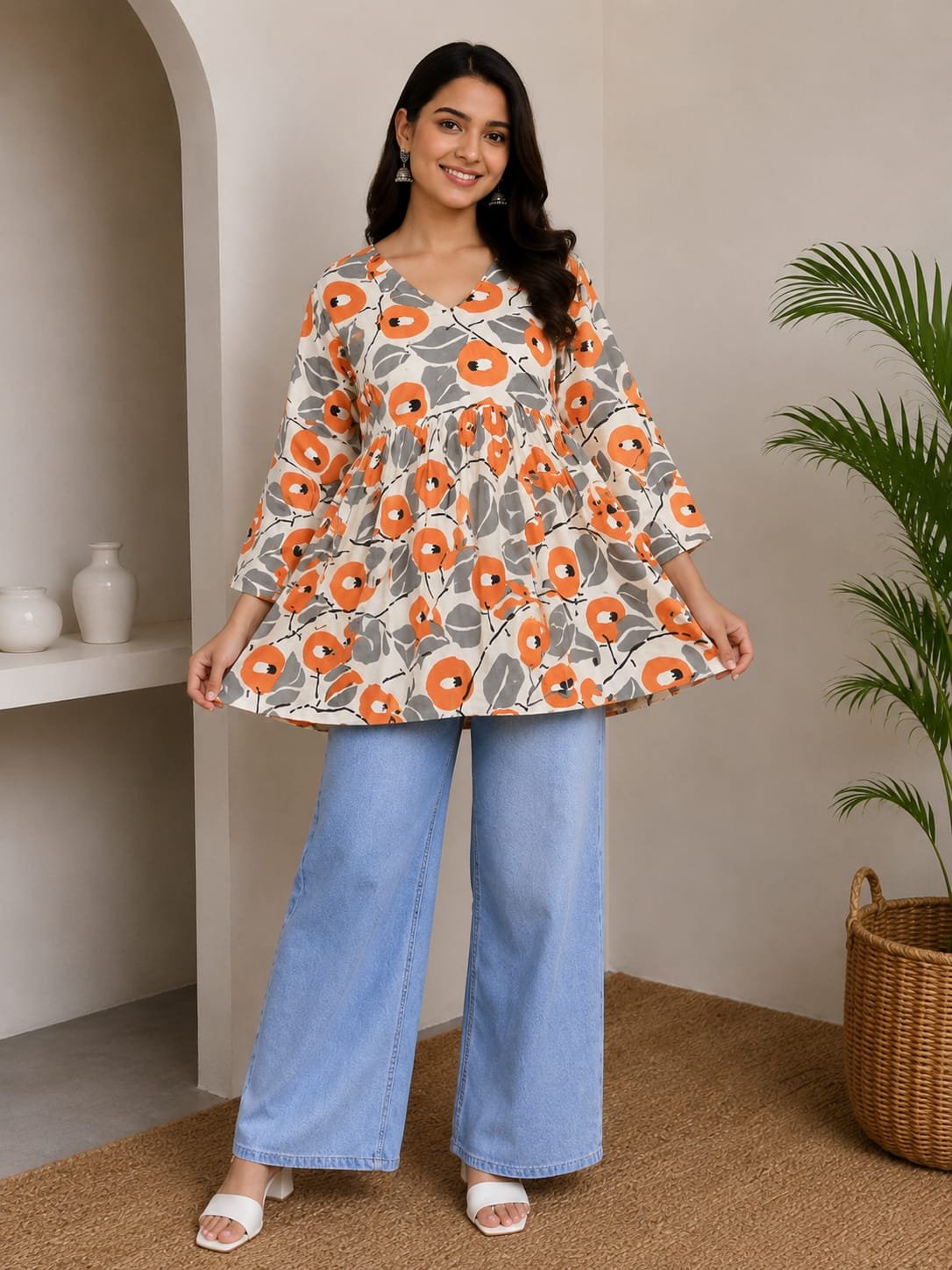 p18_ivory_orange_floral_peplum_top_01 Ivory Orange Floral Peplum Top