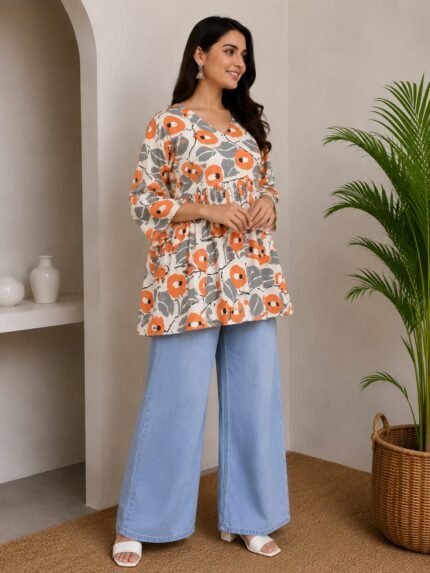 Ivory Orange Floral Peplum Top — Additional view 1