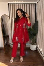 Heavy embroidered Taj Cotton co-ord set in Red, sizes M, L, XL, 2XL and 3XL