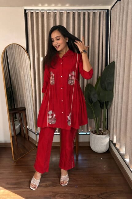Heavy embroidered Taj Cotton co-ord set in Red, sizes M, L, XL, 2XL and 3XL