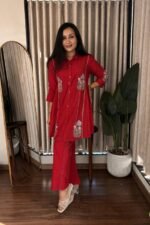 Heavy embroidered Taj Cotton co-ord set in Red, sizes M, L, XL, 2XL and 3XL
