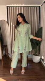 Heavy embroidered Taj Cotton co-ord set in Pastel Sage Green, sizes M, L, XL, 2XL and 3XL