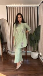 Heavy embroidered Taj Cotton co-ord set in Pastel Sage Green, sizes M, L, XL, 2XL and 3XL