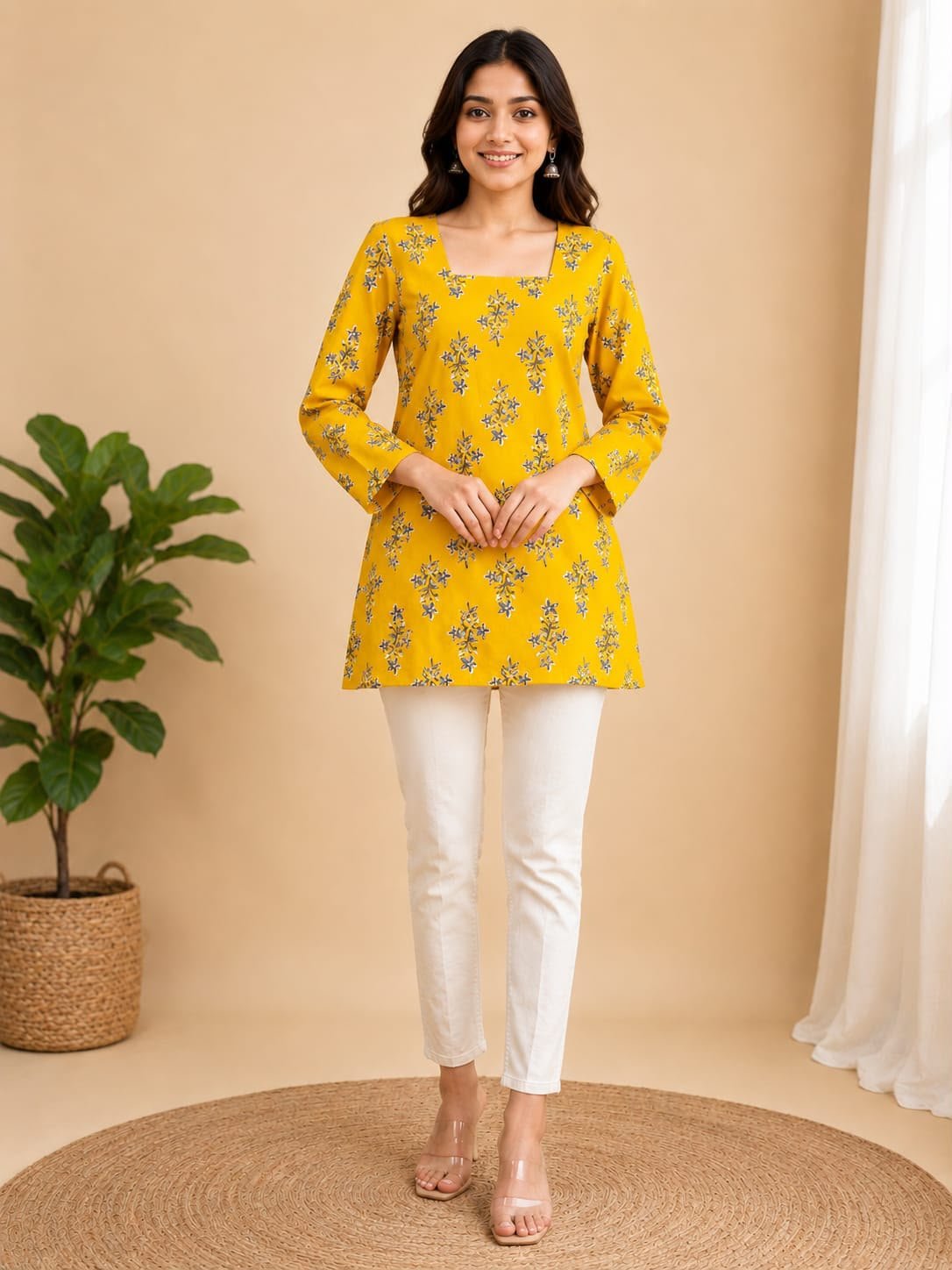 mustard-grey-sprig-tie-back-top-1 Mustard Grey Sprig Tie-Back Top - Image 1