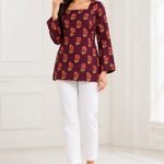 Wine Floral Bell-Sleeve Tie-Back Top