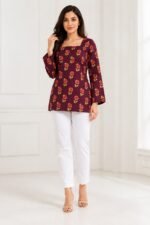 Wine Floral Bell-Sleeve Tie-Back Top