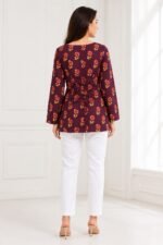Wine Floral Bell-Sleeve Tie-Back Top - Image 2